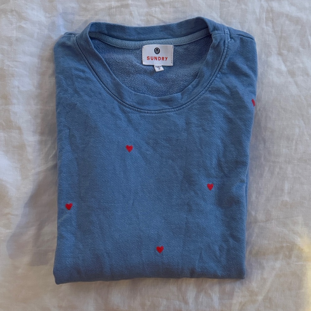 Sundry Blue thermal sweater with Red Heart Details